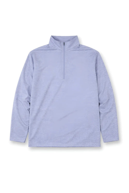 Light blue heathered quarter-zip training pullover with long sleeves made from moisture-wicking fabric