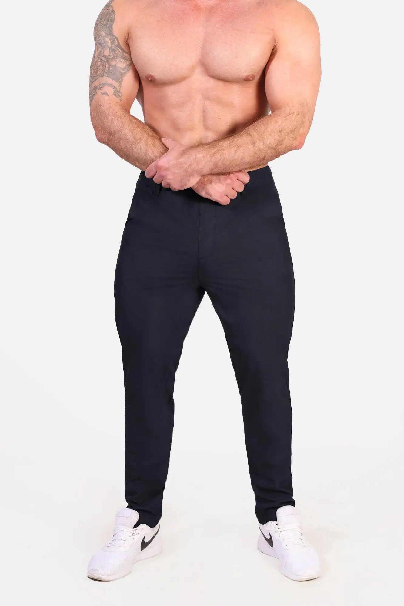 Jed North quick-dry tech pants in black feature sleek form-fitting design and elastic waistband for athletic use