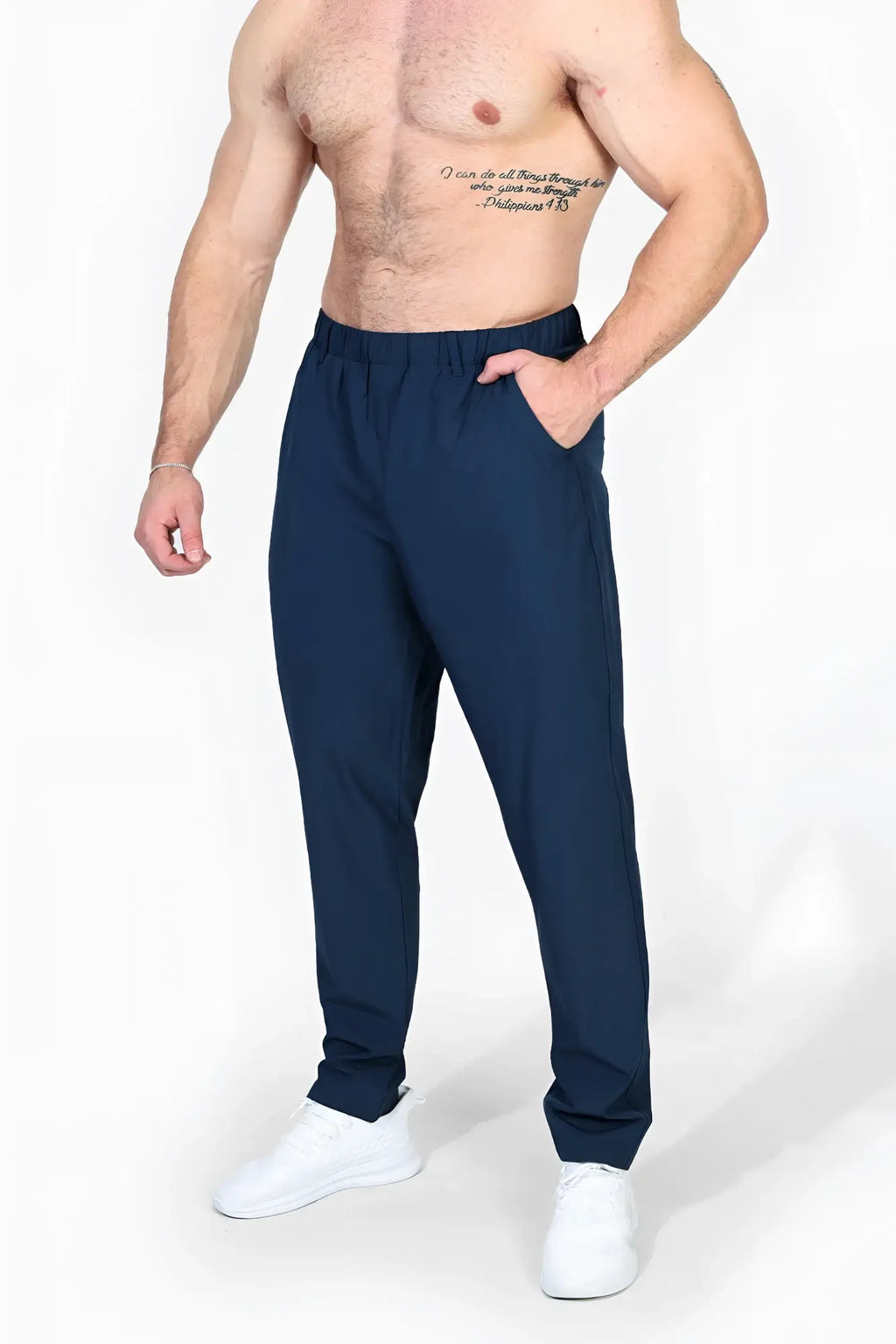 Jed north quick-dry tech pants in navy feature elastic waistband and side pockets for athletic use