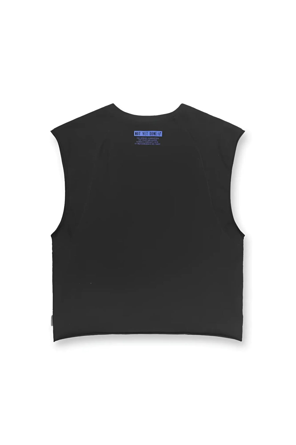 Black sleeveless raglan muscle tank crop top with subtle blue label at the neckline for casual wear