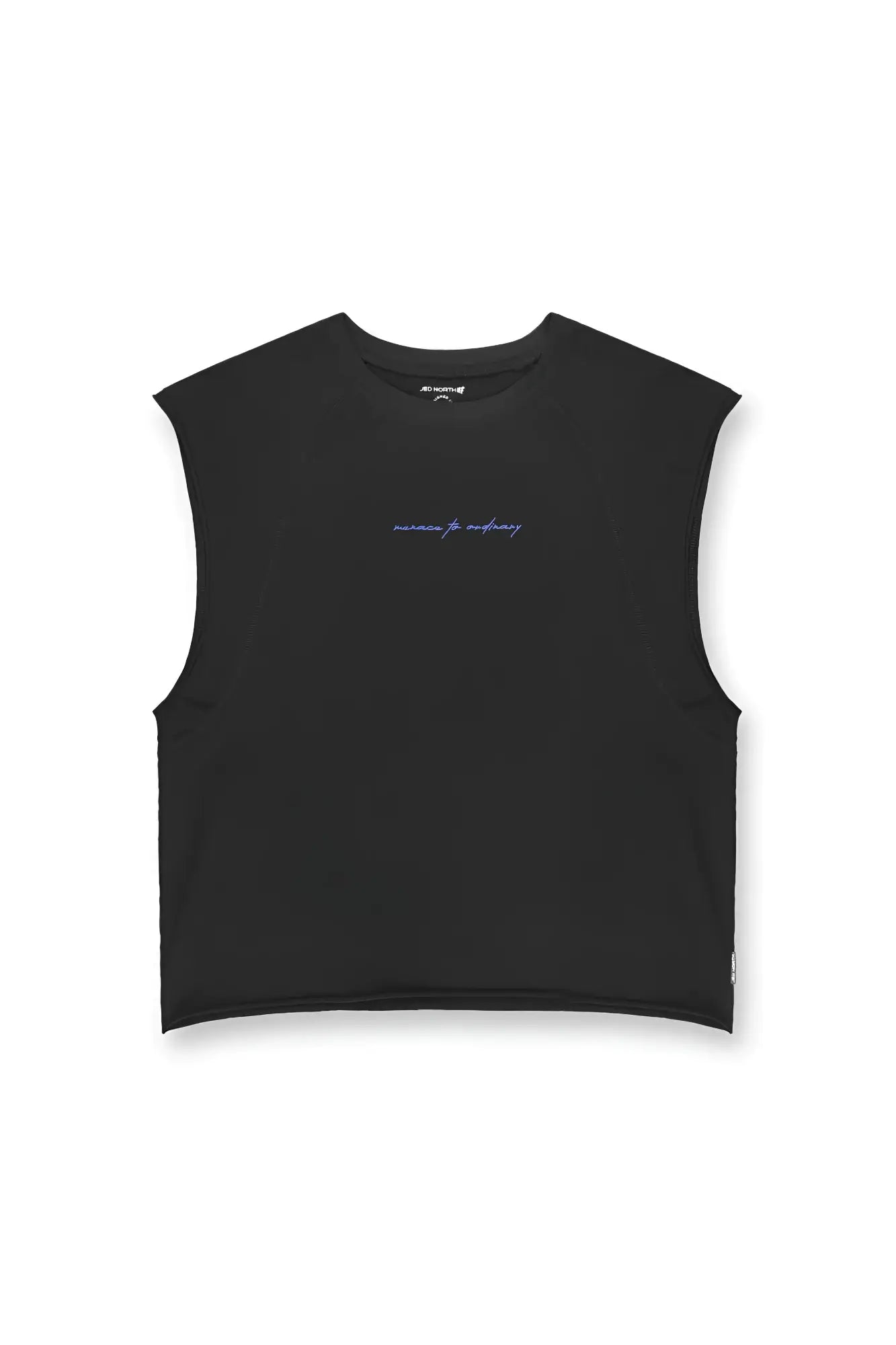 Black sleeveless raglan muscle tank with subtle purple embroidered script across the chest in a crop top style