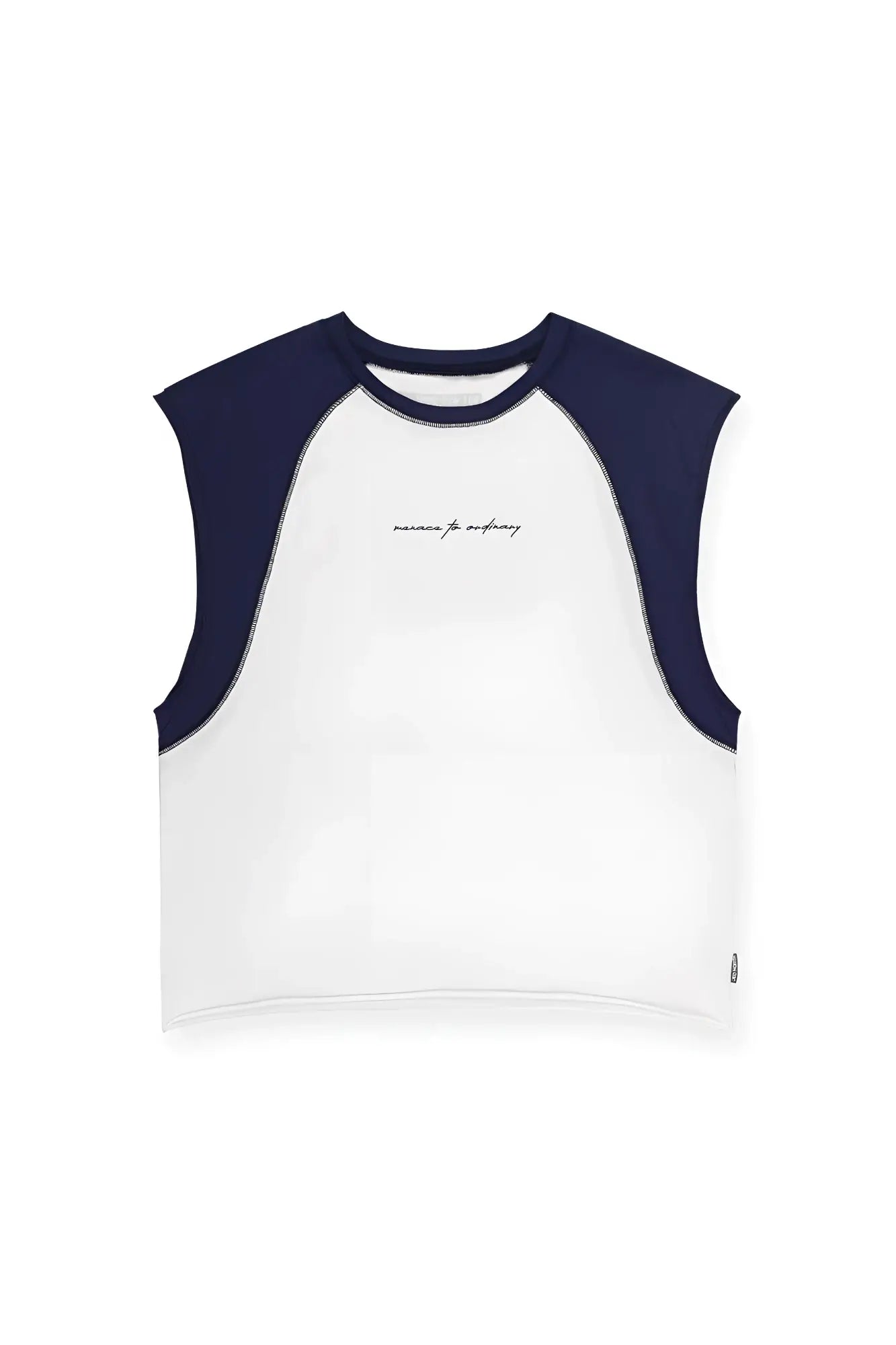 White and navy raglan sleeveless muscle tank with cropped fit and black cursive chest embroidery