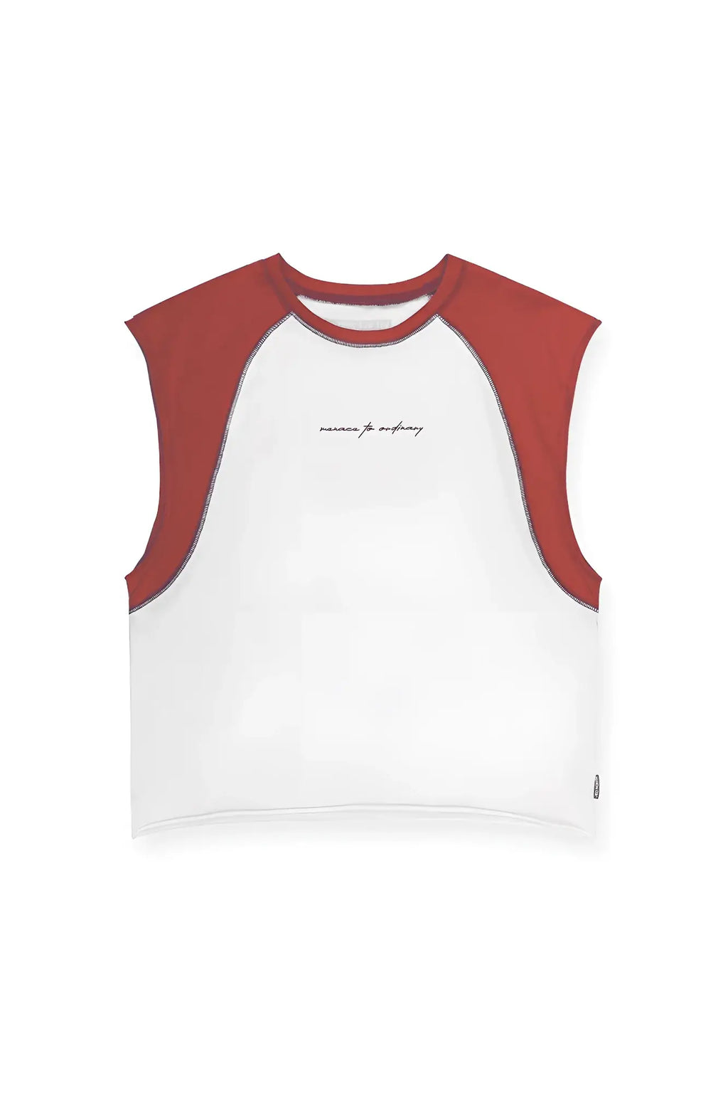 White and rust-red raglan sleeve crop top with minimalist black script logo across the chest