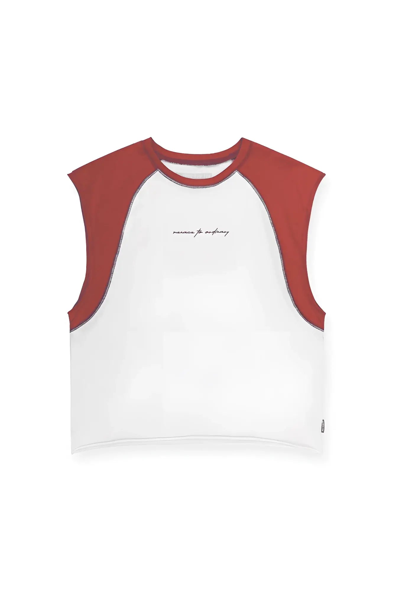 White and rust-red raglan sleeve crop top with minimalist black script logo across the chest
