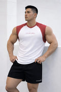 White and red raglan sleeveless athletic tank top with embroidered text across the chest in brick red design