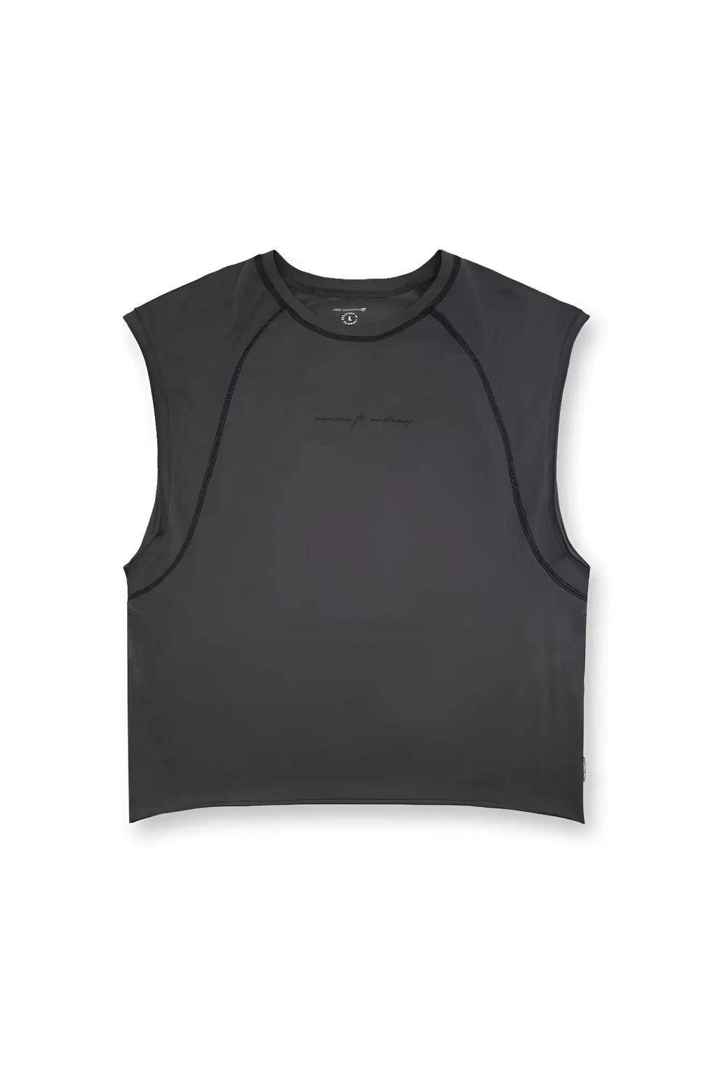 Dark gray raglan sleeveless crop top with subtle seam detailing and minimalist logo at the neckline