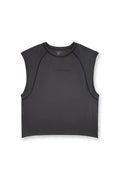 Dark gray raglan sleeveless crop top with subtle seam detailing and minimalist logo at the neckline