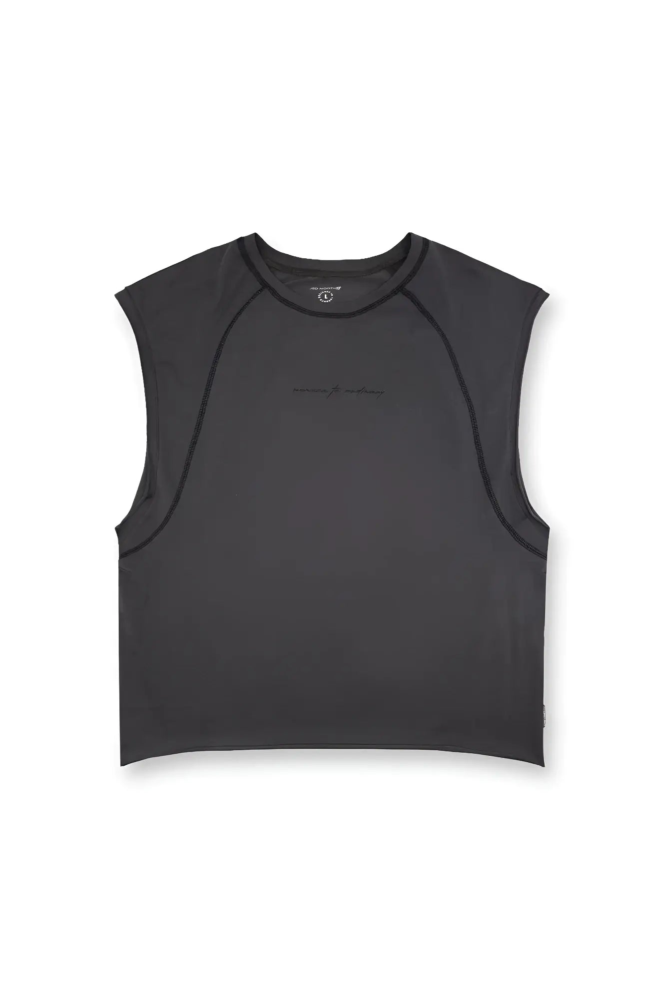 Dark gray raglan sleeveless crop top with subtle seam detailing and minimalist logo at the neckline