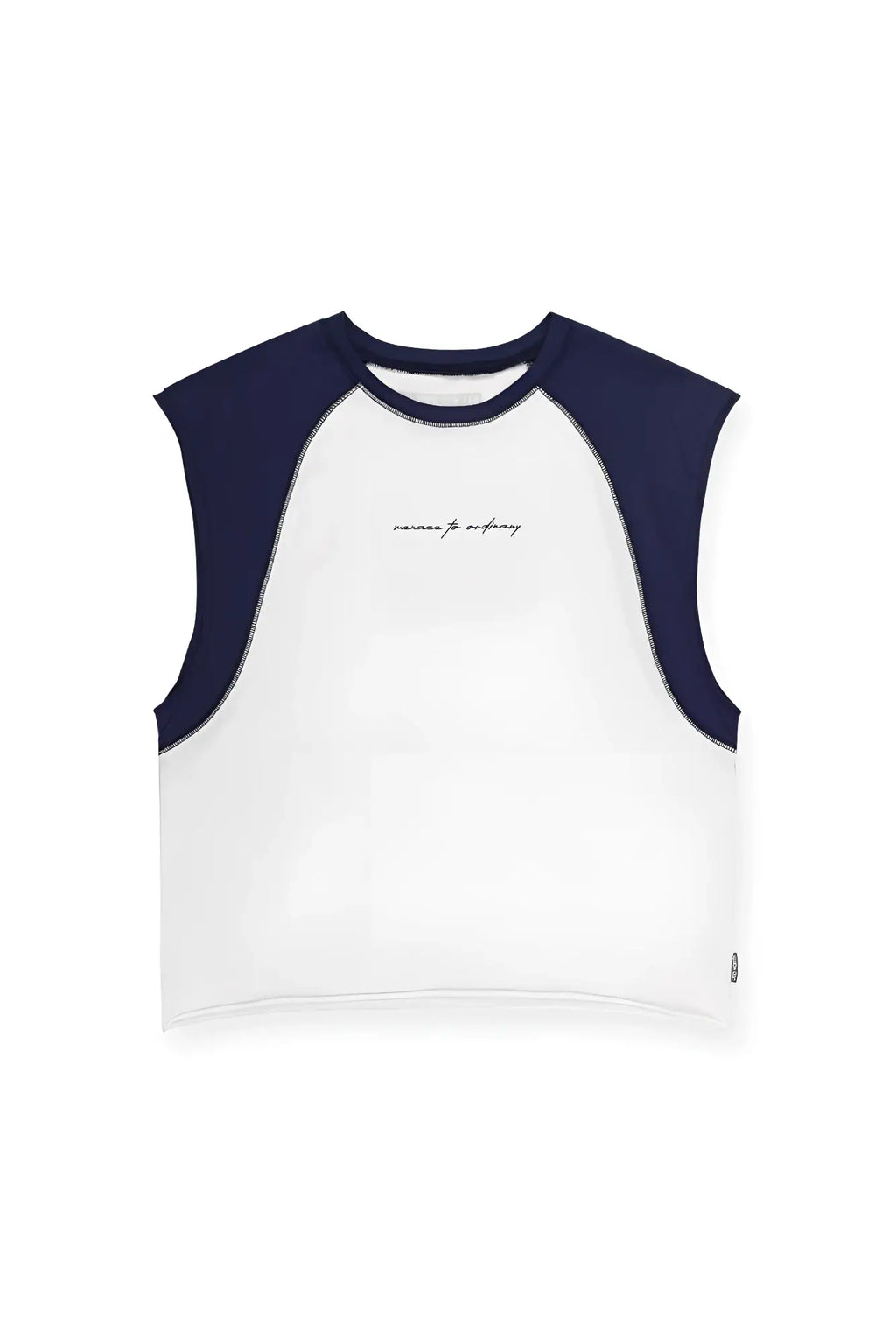 White and navy raglan sleeveless tank top with cropped fit and black cursive embroidery across the chest