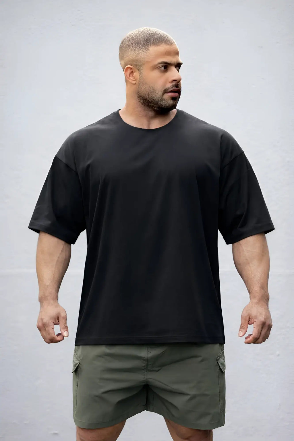 Black raw-cut boxy crop tee oversized crewneck t-shirt with relaxed fit and short sleeves