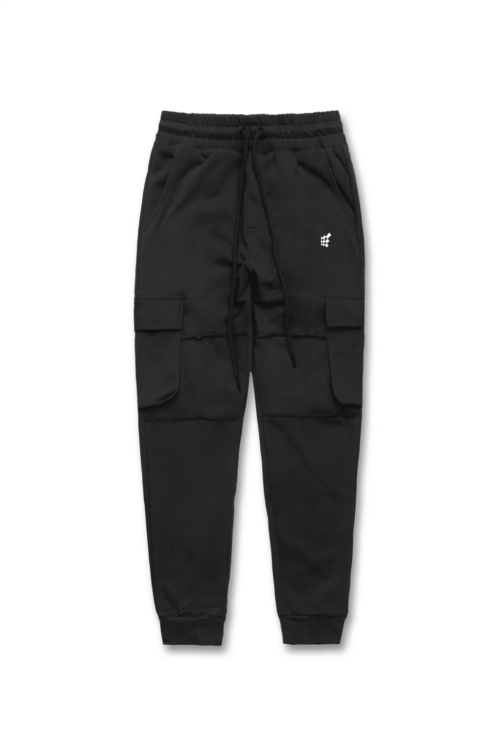 Black renegade cargo joggers with drawstring waistband multiple pockets and white logo on upper left thigh