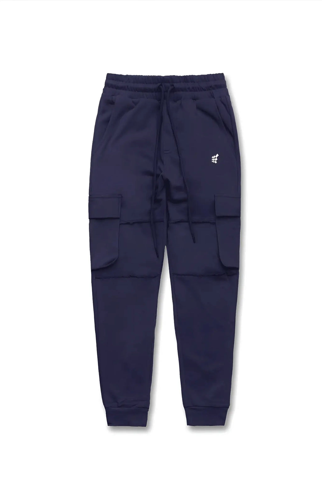 Navy renegade cargo joggers with drawstring waistband and two large side pockets for casual wear