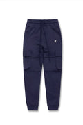 Navy renegade cargo joggers with drawstring waistband and two large side pockets for casual wear