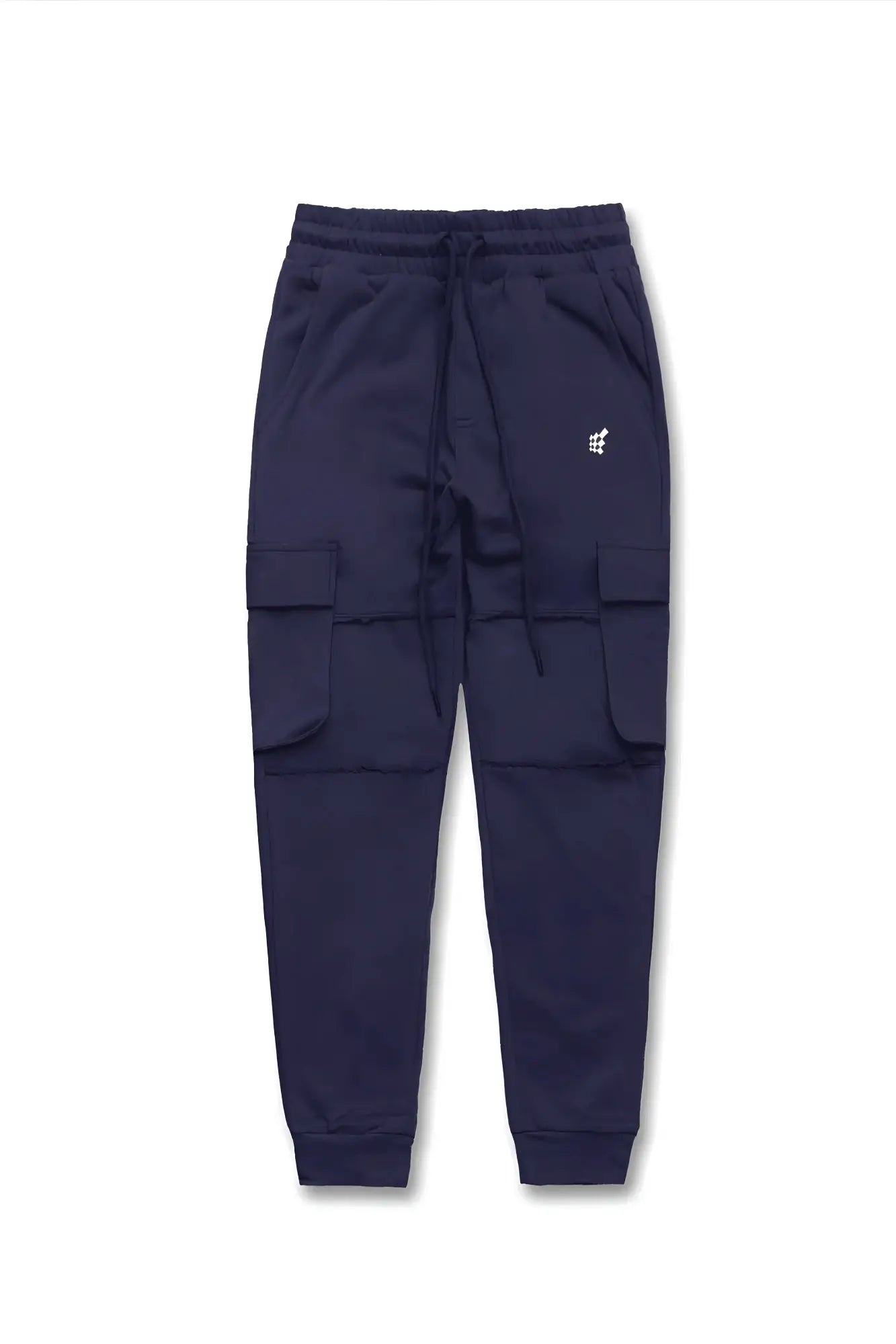 Navy renegade cargo joggers with drawstring waistband and two large side pockets for casual wear