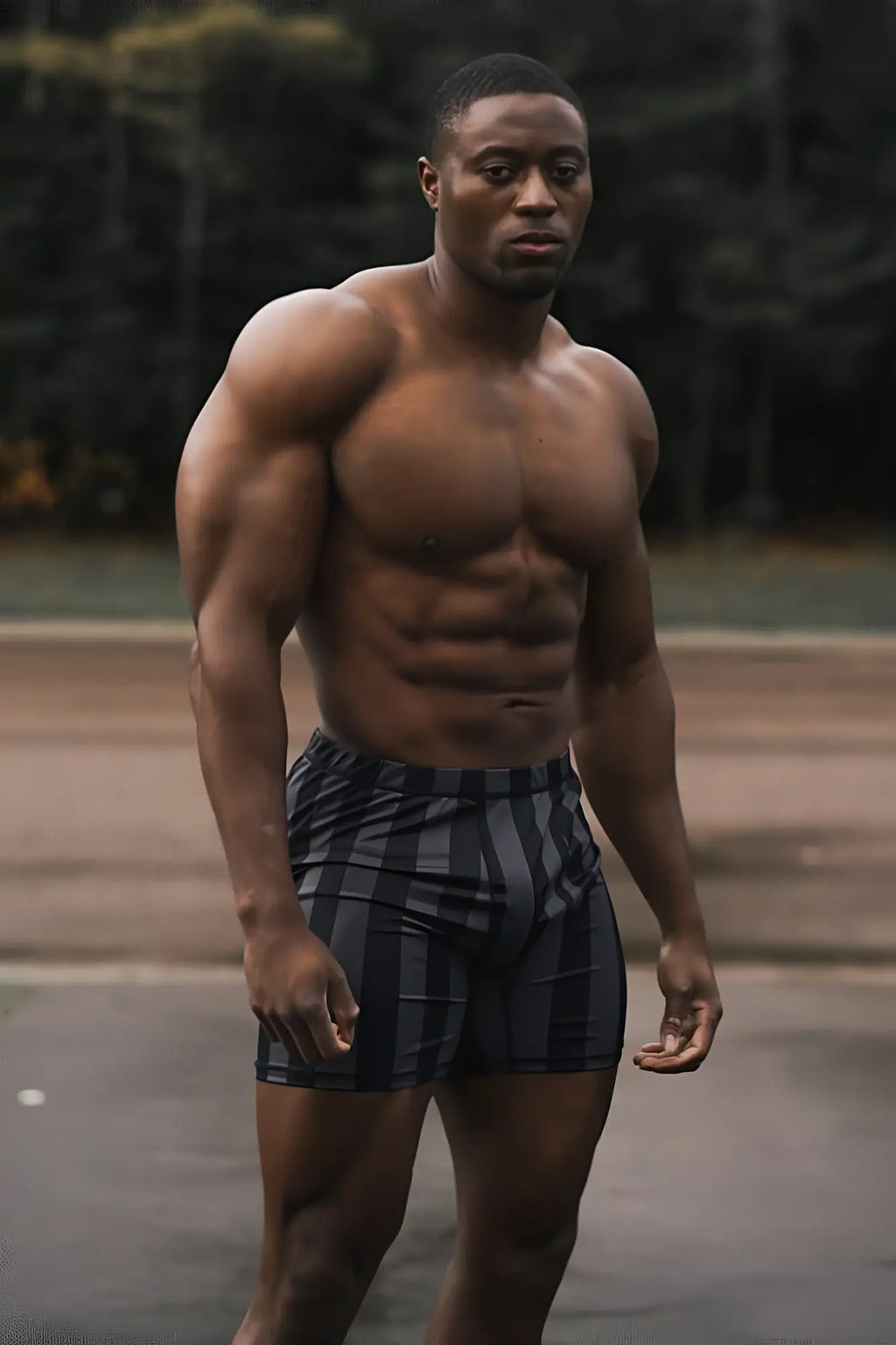 A muscular man wearing retro bodybuilding shorts in black and gray with vertical stripes on lightweight fabric