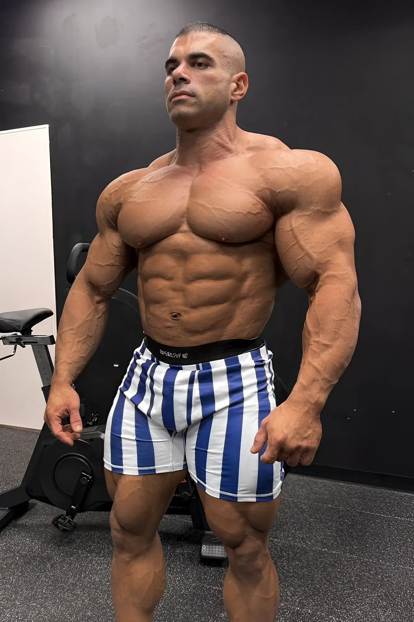 Retro bodybuilding shorts feature blue and white stripes with a black waistband for athletic use