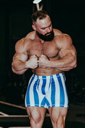 Retro bodybuilding shorts featuring blue and white vertical stripes designed for athletic use