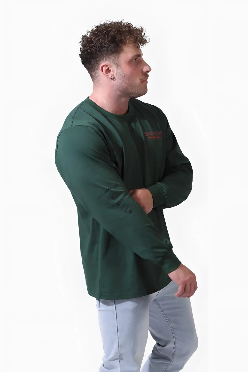 Jed North retro gym long sleeve army green t-shirt with crew neck and small embroidered logo on left chest