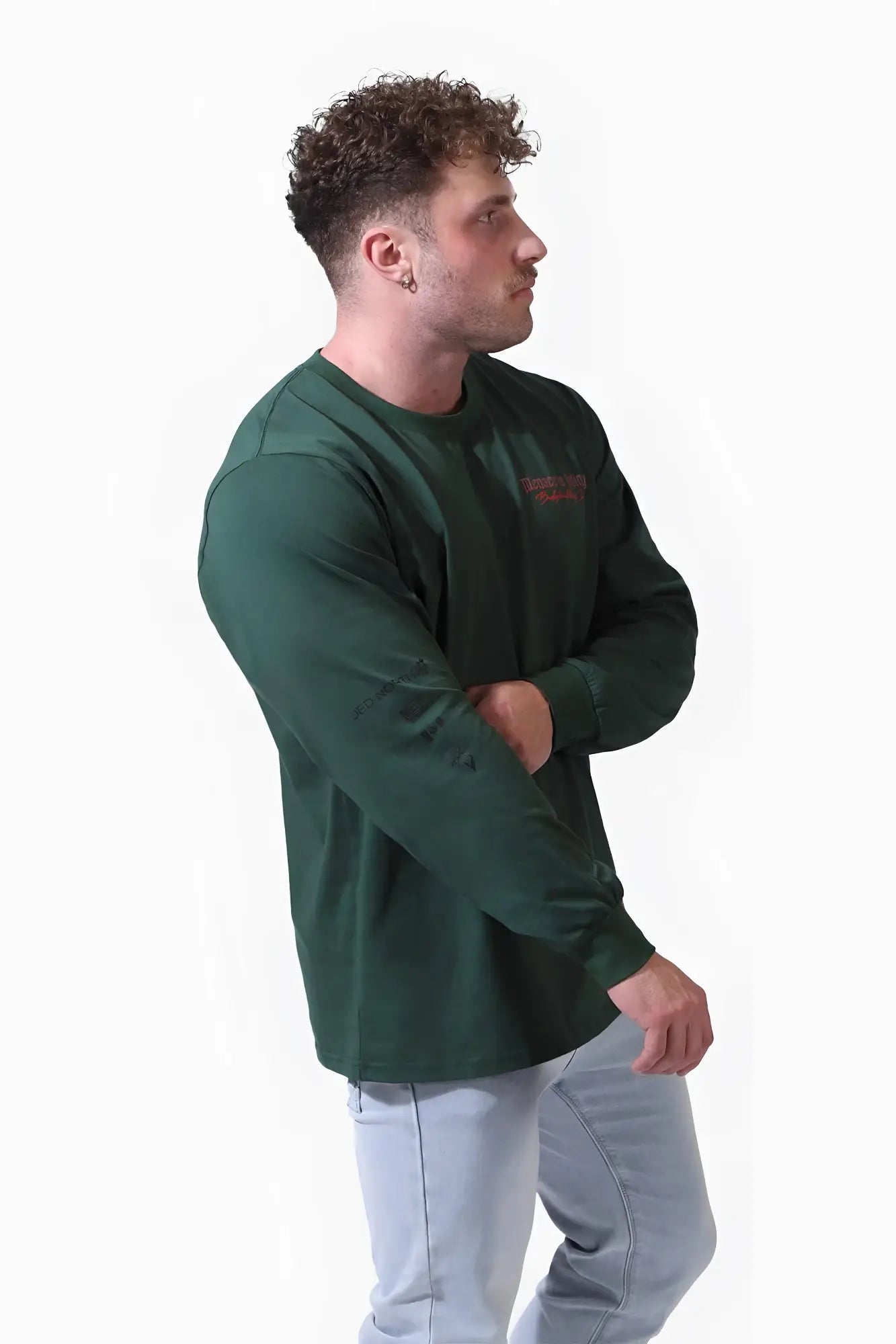Jed North retro gym long sleeve army green t-shirt with crew neck and small embroidered logo on left chest