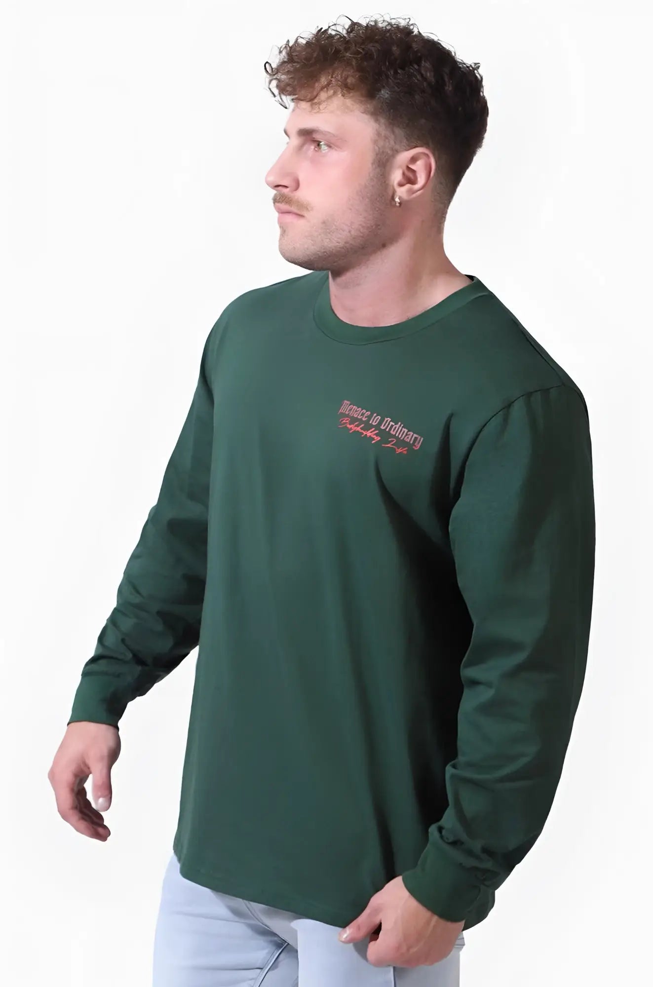 Jed North retro gym long sleeve t-shirt in army green with a dark green crewneck and red embroidered phrase on chest