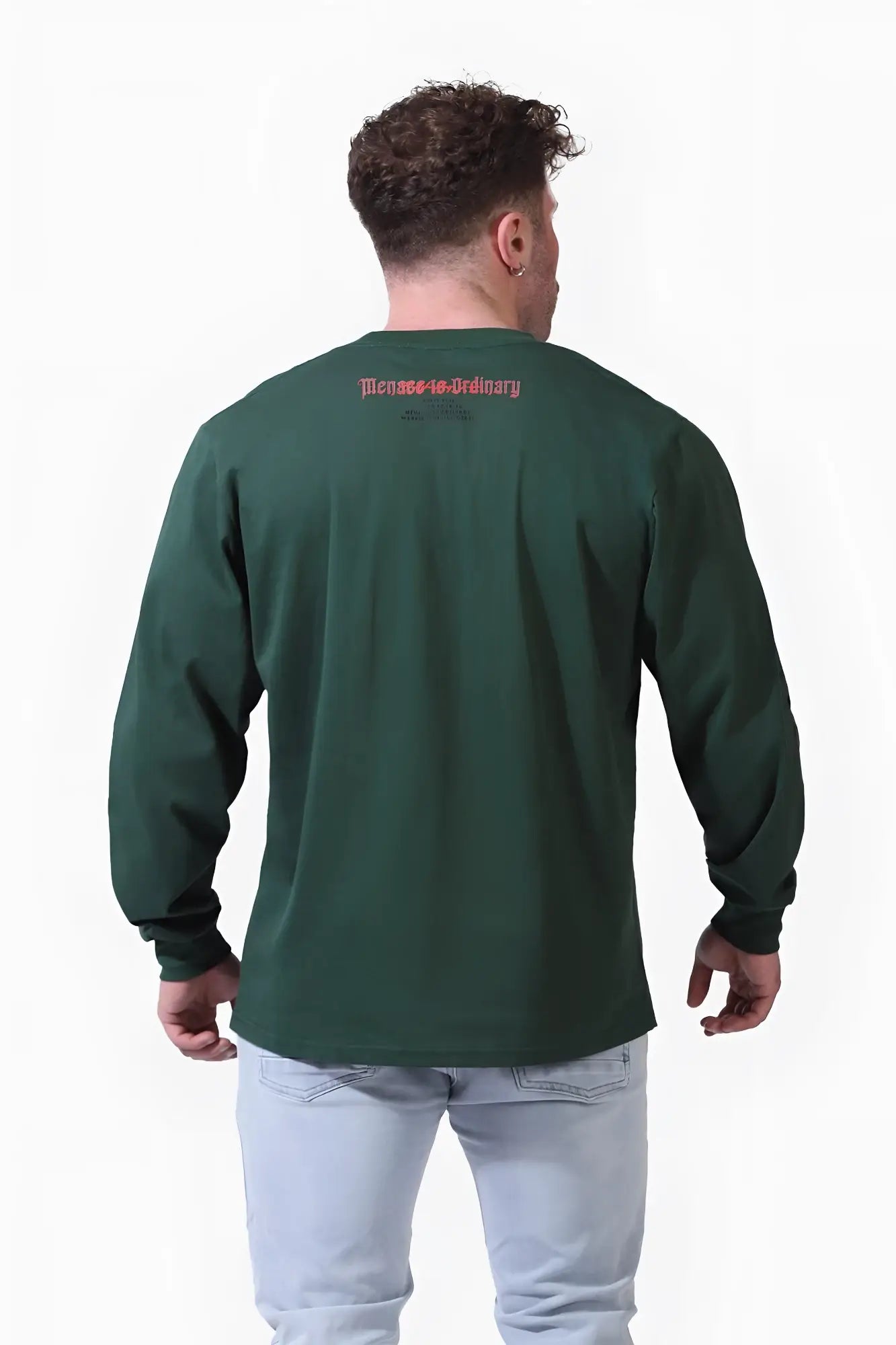 Back view of a dark green army green jed north retro gym long sleeve crewneck t-shirt with red embroidered text