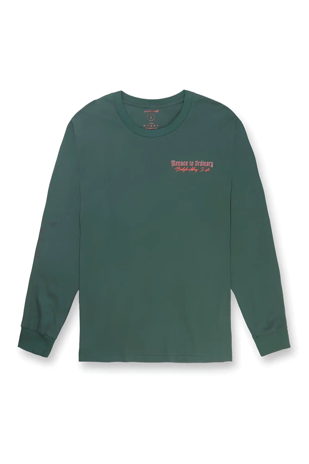 Jed North retro gym long sleeve t shirt in army green with dark green fabric and small red embroidered phrase on chest