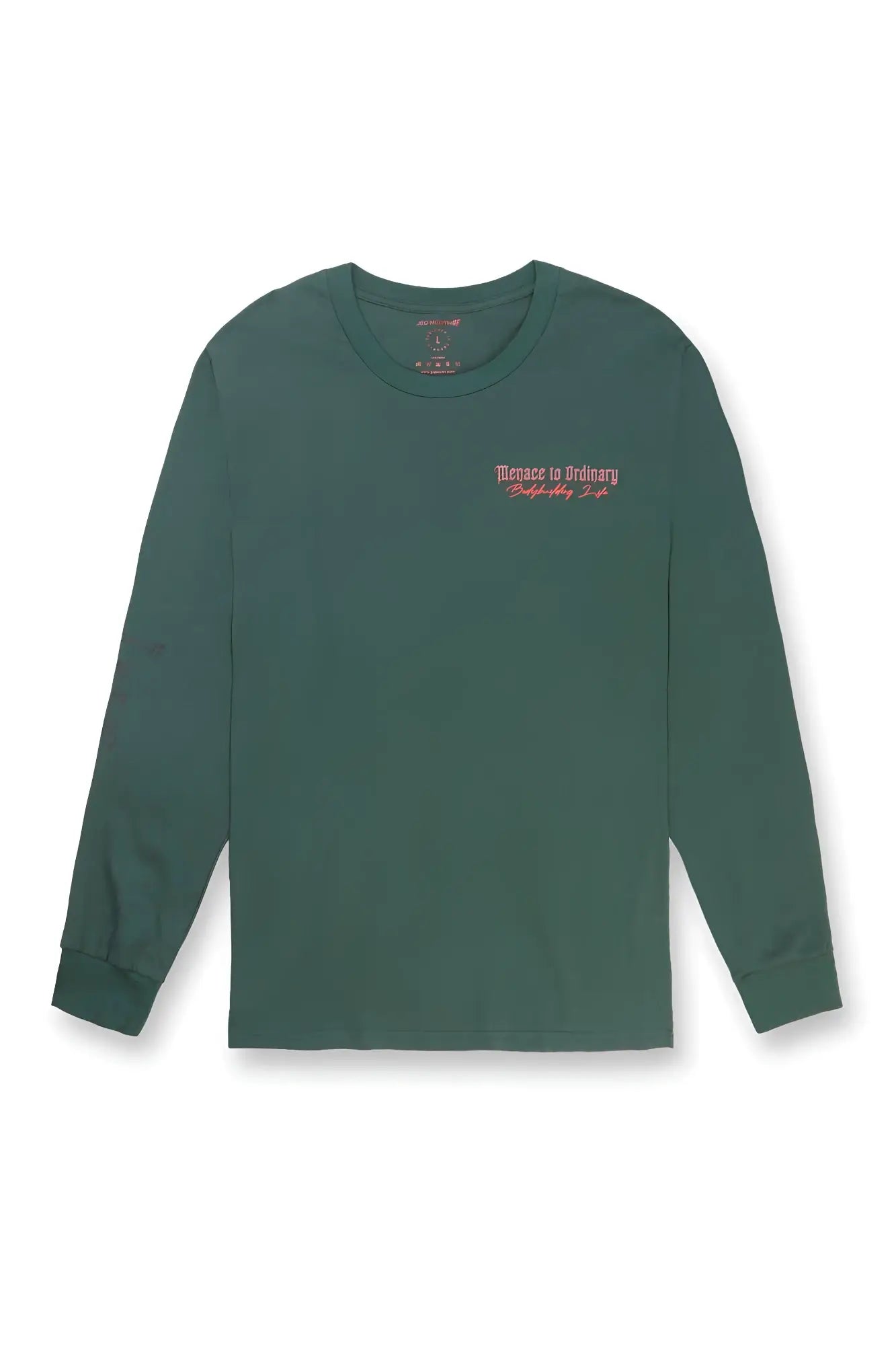 Jed North retro gym long sleeve t shirt in army green with dark green fabric and small red embroidered phrase on chest