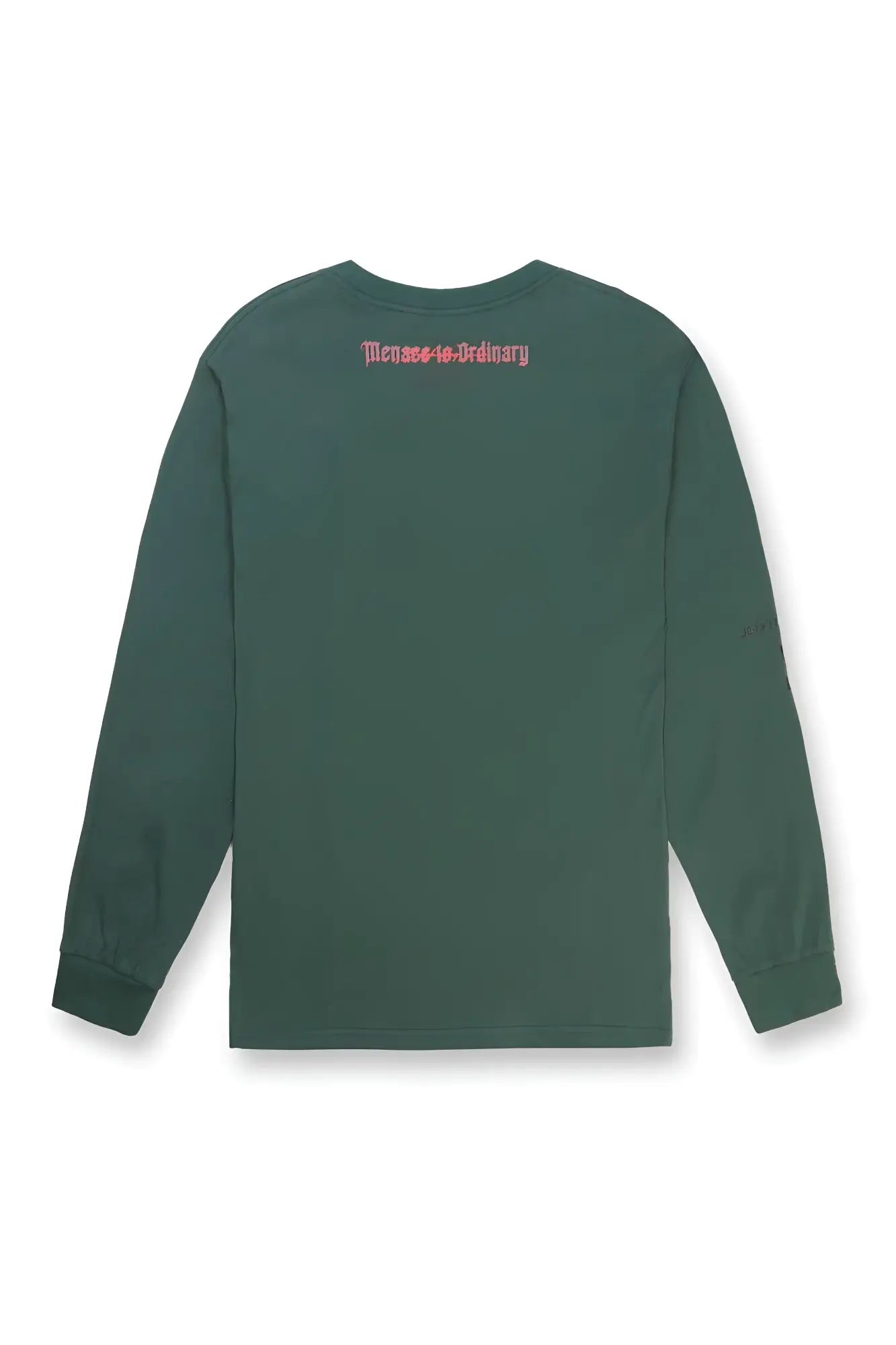 Back view of jed north retro gym army green long sleeve t shirt with menace to ordinary embroidered in red script