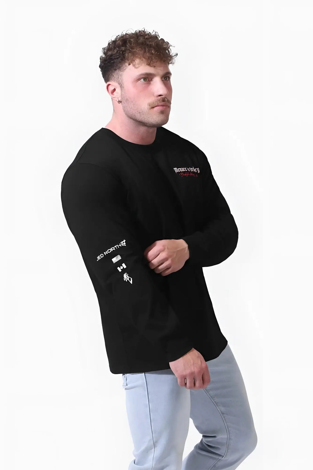 Black Jed North retro gym long sleeve t-shirt with white and red text graphics on chest and left sleeve