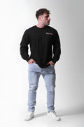 Black Jed North retro gym long sleeve t-shirt with white and red chest text and subtle left sleeve pattern