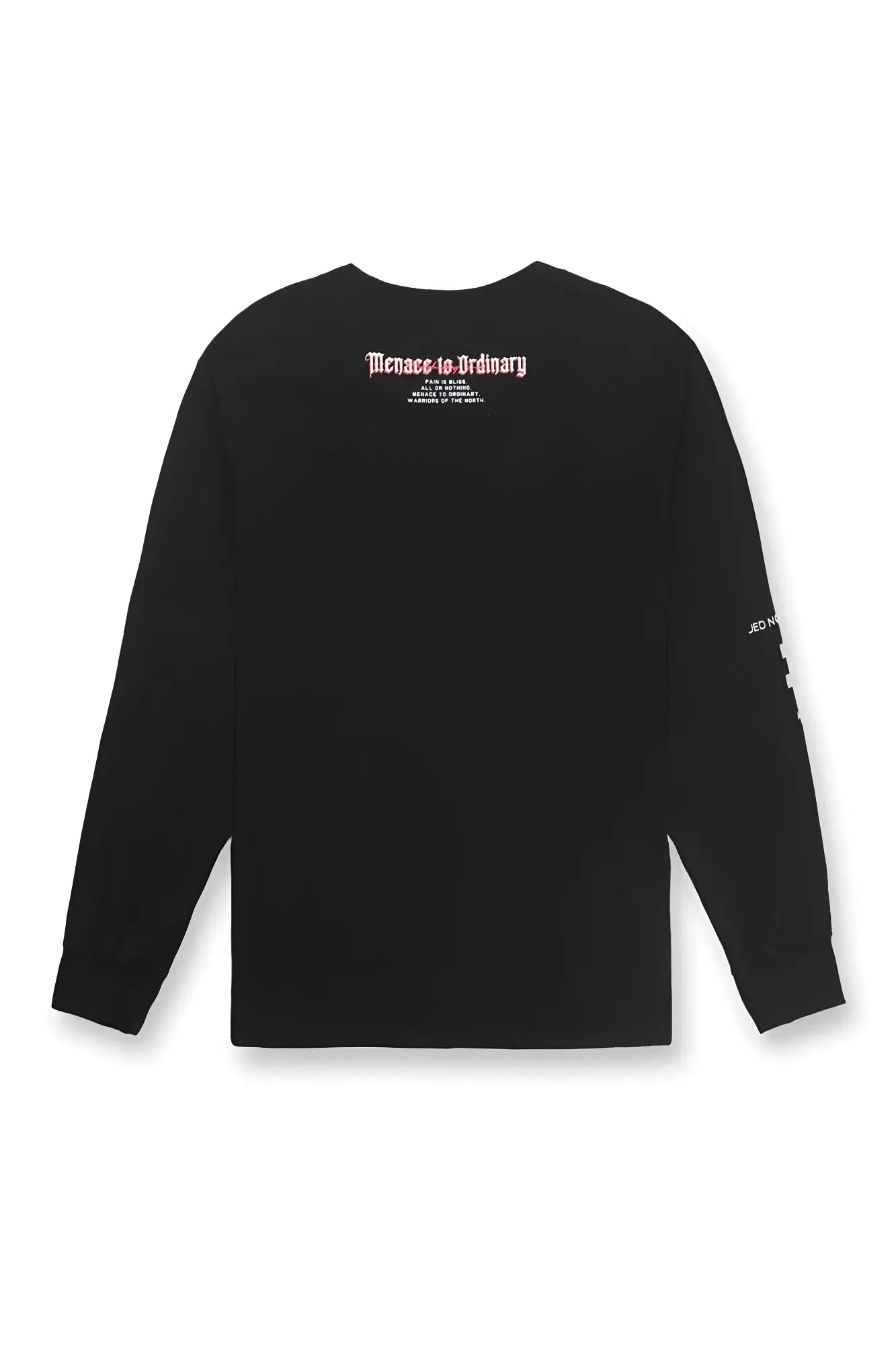 Back of a black Jed North Retro Gym long sleeve t-shirt with red menance to ordinary text on the back