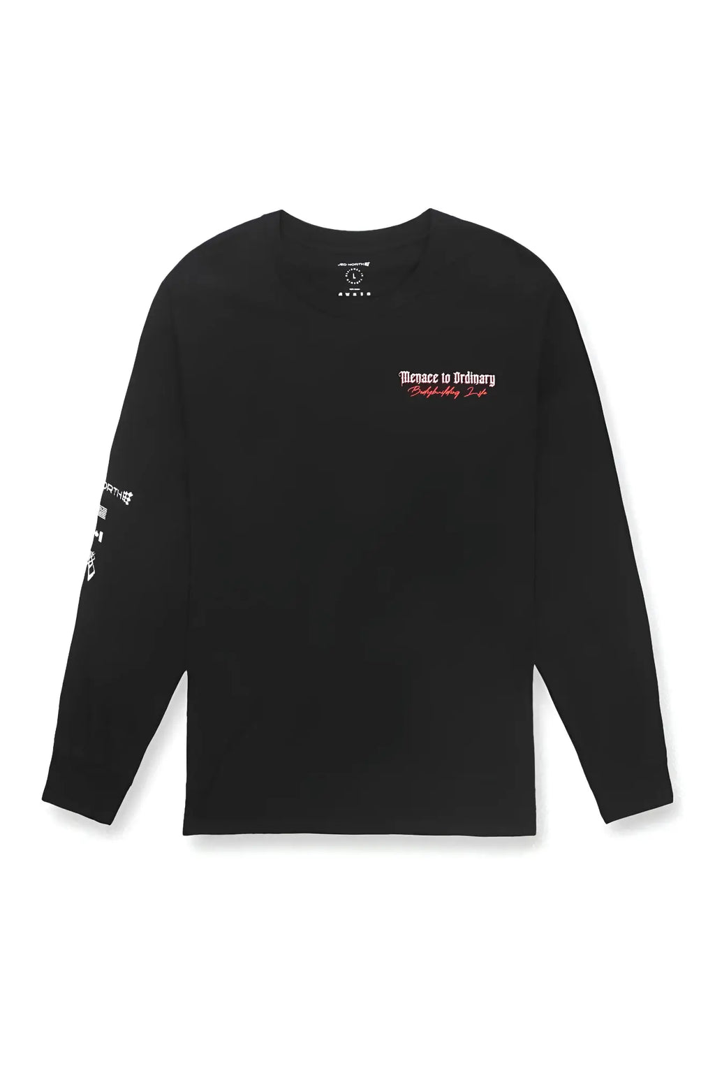 Jed North retro gym long sleeve t shirt black with white and red embroidered text on chest and sleeve