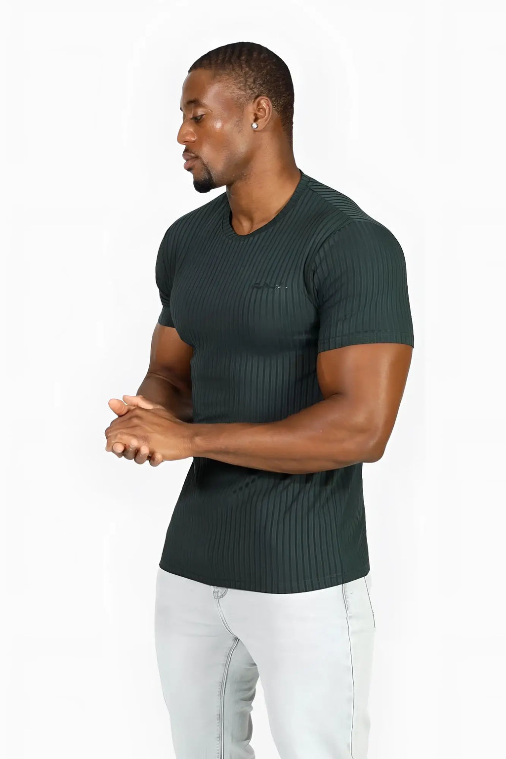 Jed North ribbed muscle-fit t-shirt in dark green with short sleeves crew neckline and ribbed knit fabric