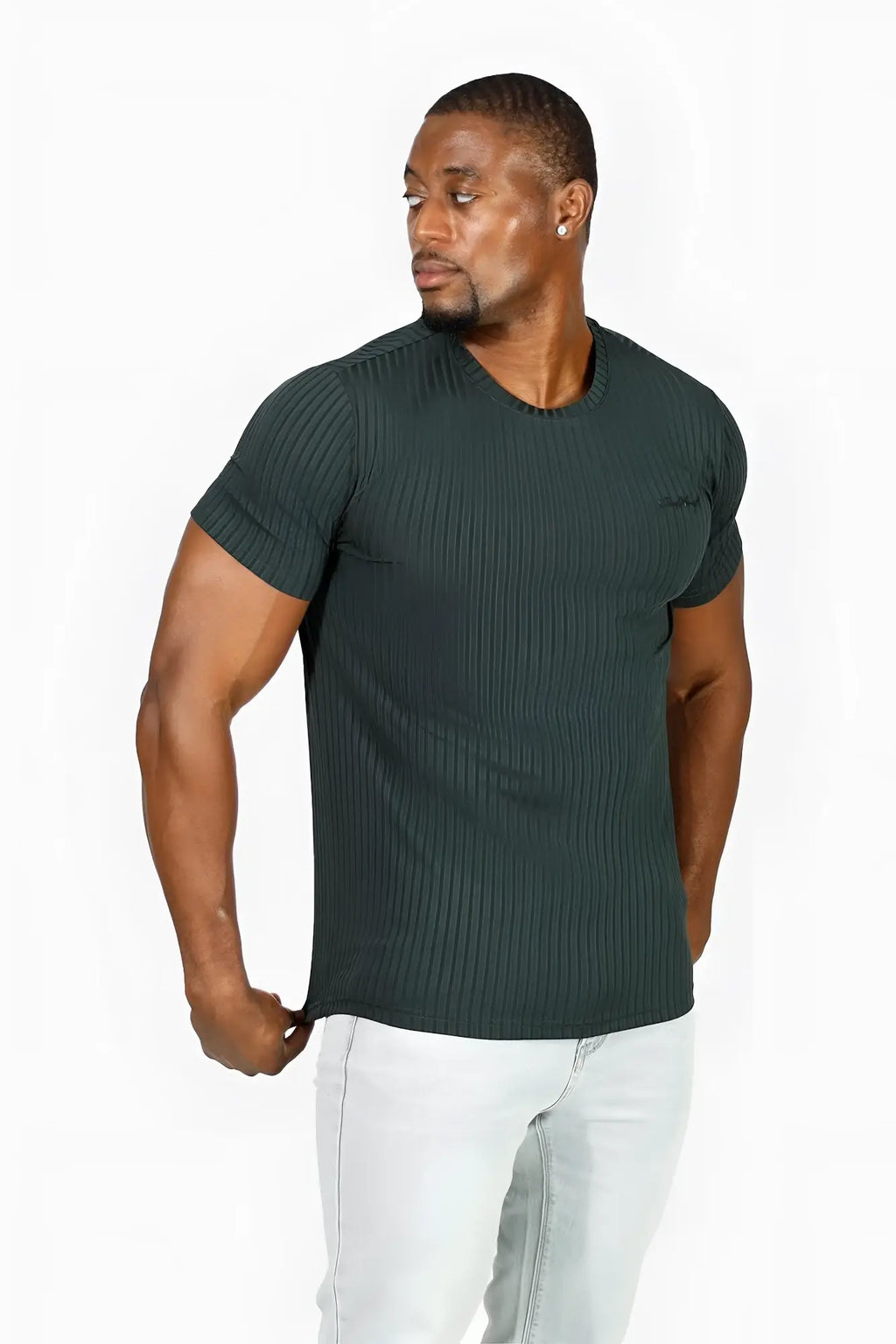 Jed North ribbed muscle-fit t-shirt in forest green is a dark green ribbed knit short-sleeve tee with a crew neckline