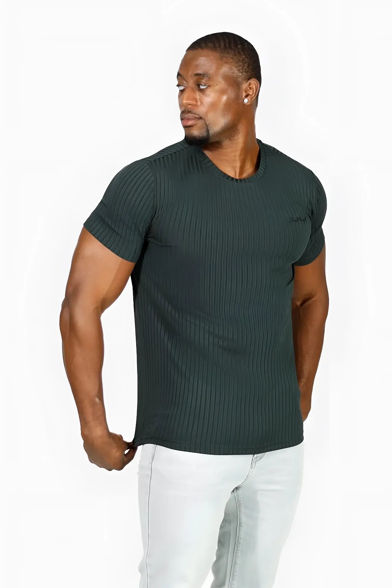 Jed North ribbed muscle-fit t-shirt in forest green is a dark green ribbed knit short-sleeve tee with a crew neckline