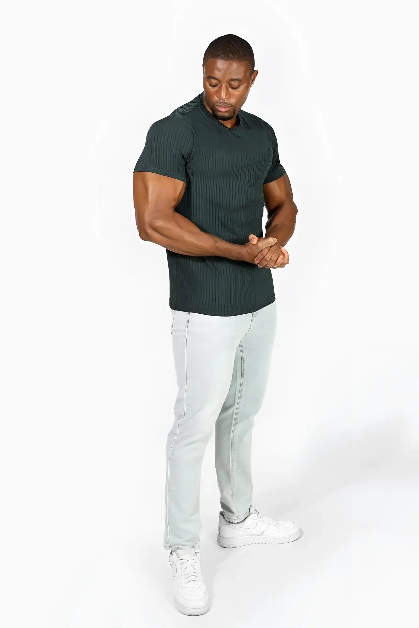 Dark green ribbed short-sleeve polo shirt by jed north muscle-fit in forest green for a sleek casual look