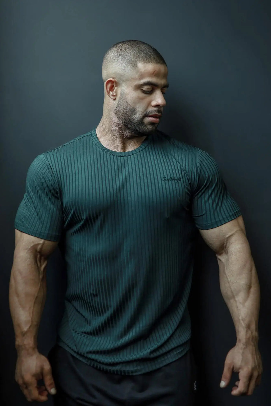 Dark teal ribbed cotton jed north muscle-fit t-shirt with subtle chest logo in forest green color
