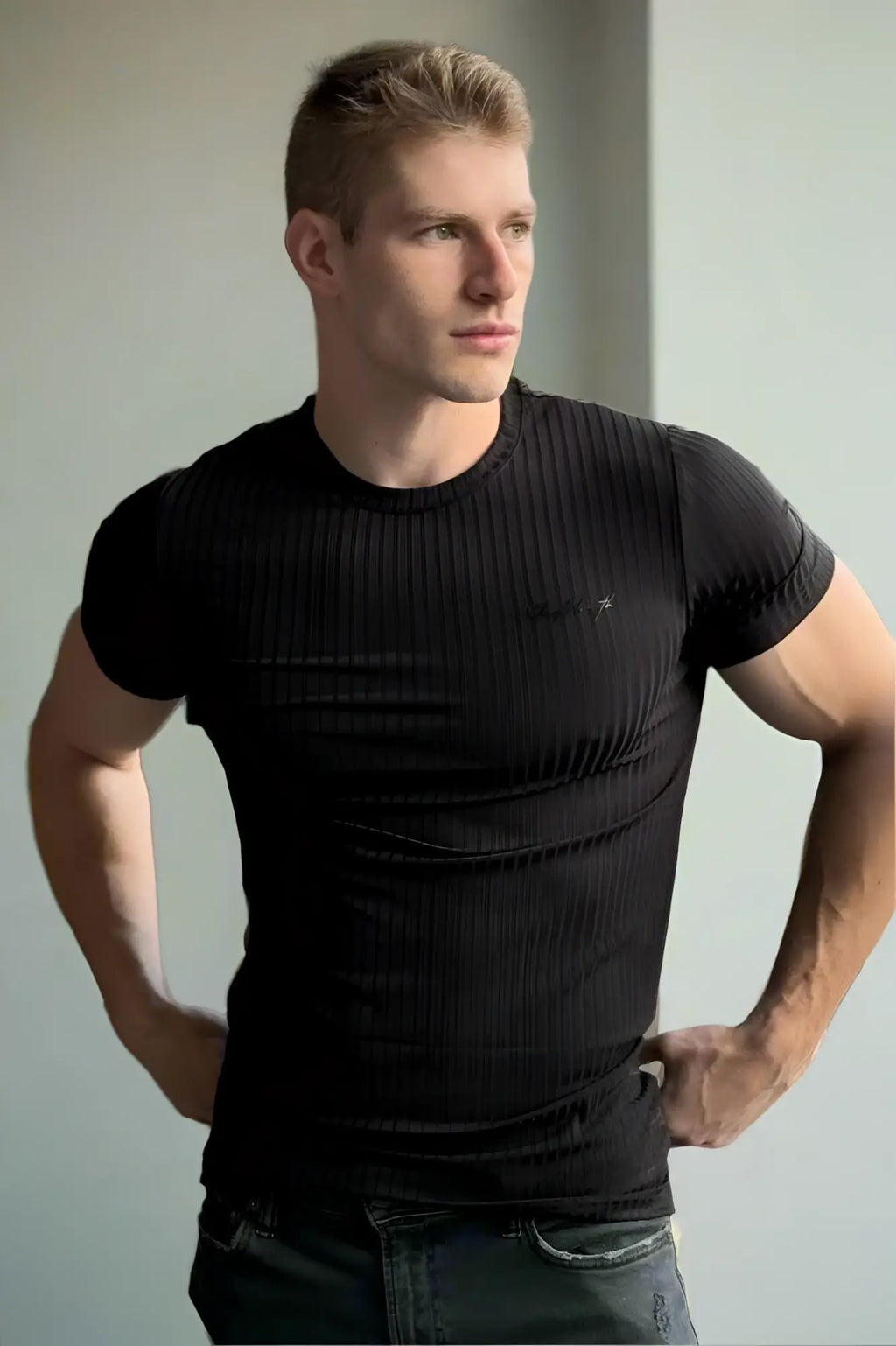 Black ribbed cotton Jed North muscle-fit t-shirt with a small embroidered logo on the left chest in jet black
