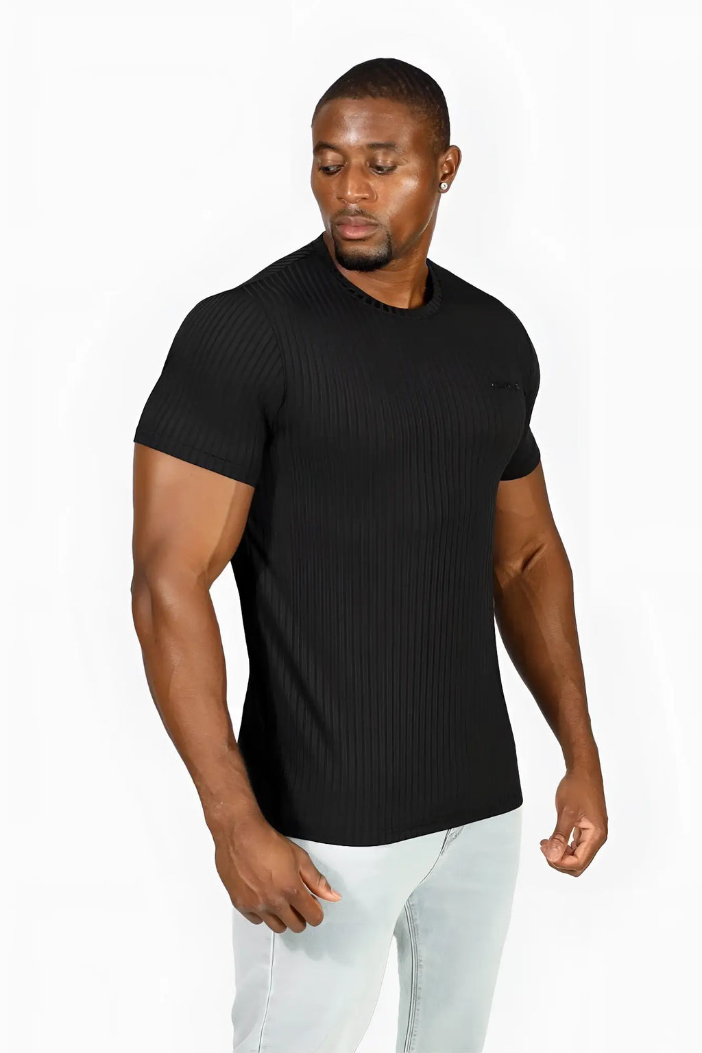 Jed North ribbed muscle-fit t-shirt in jet black made of ribbed knit with short sleeves and a crew neck