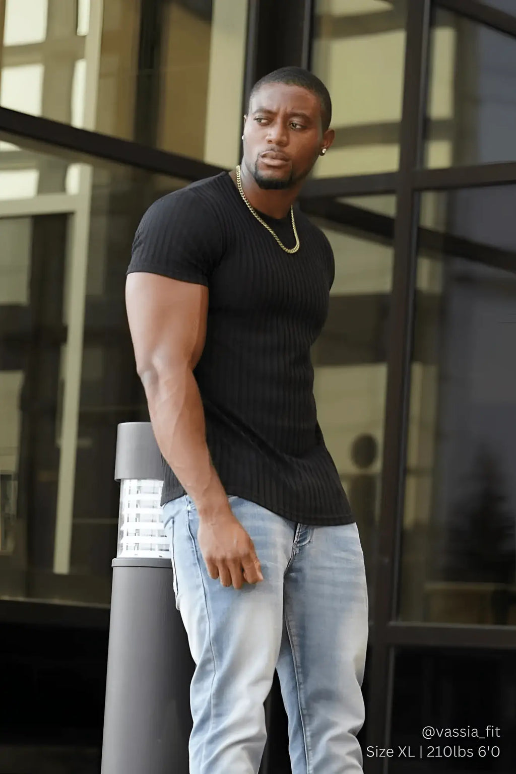 Black ribbed short-sleeve muscle-fit t-shirt by jed north made from jet black stretchy fabric for casual wear
