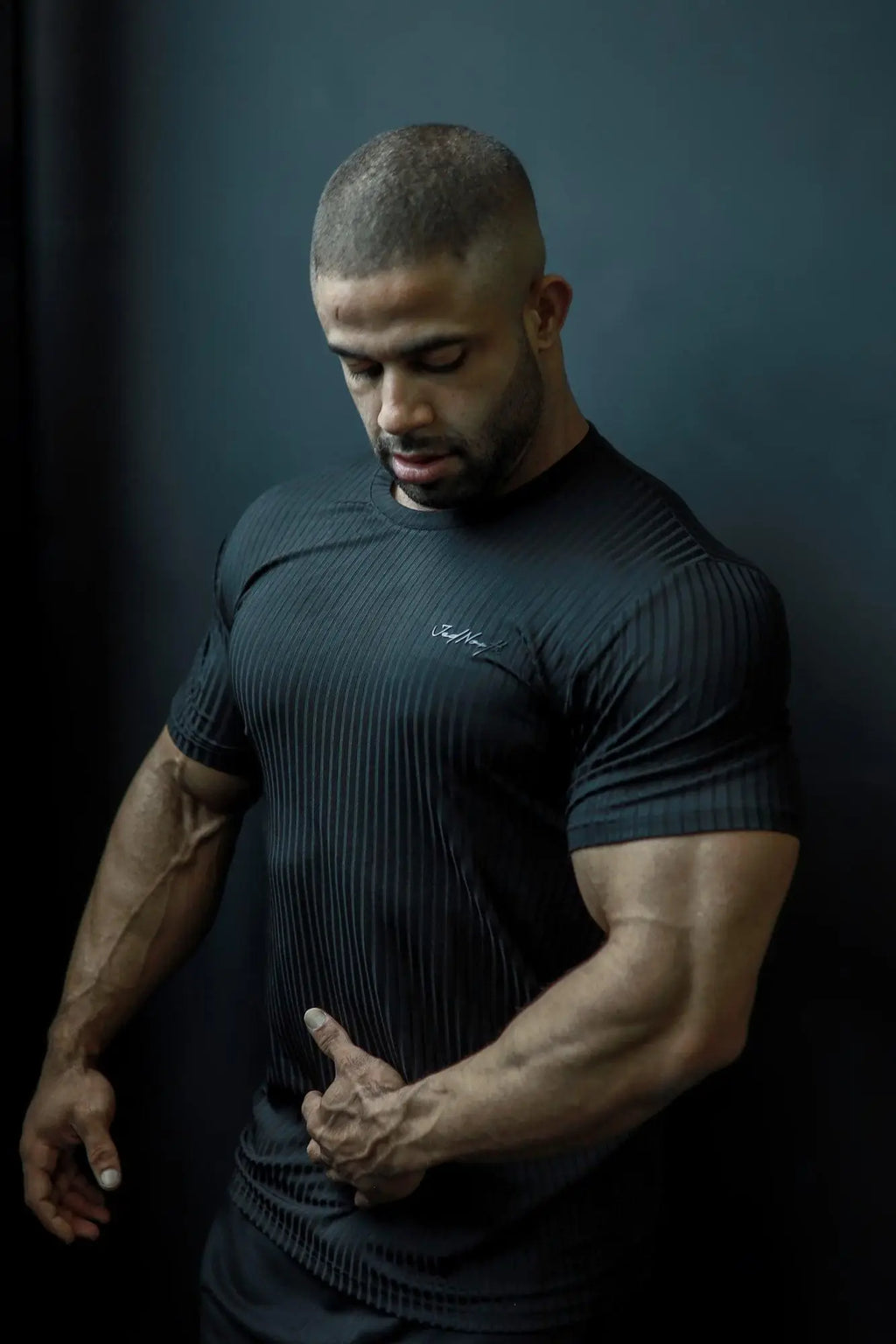 Jed North ribbed muscle fit t-shirt in jet black with short sleeves and subtle chest logo for athletic wear