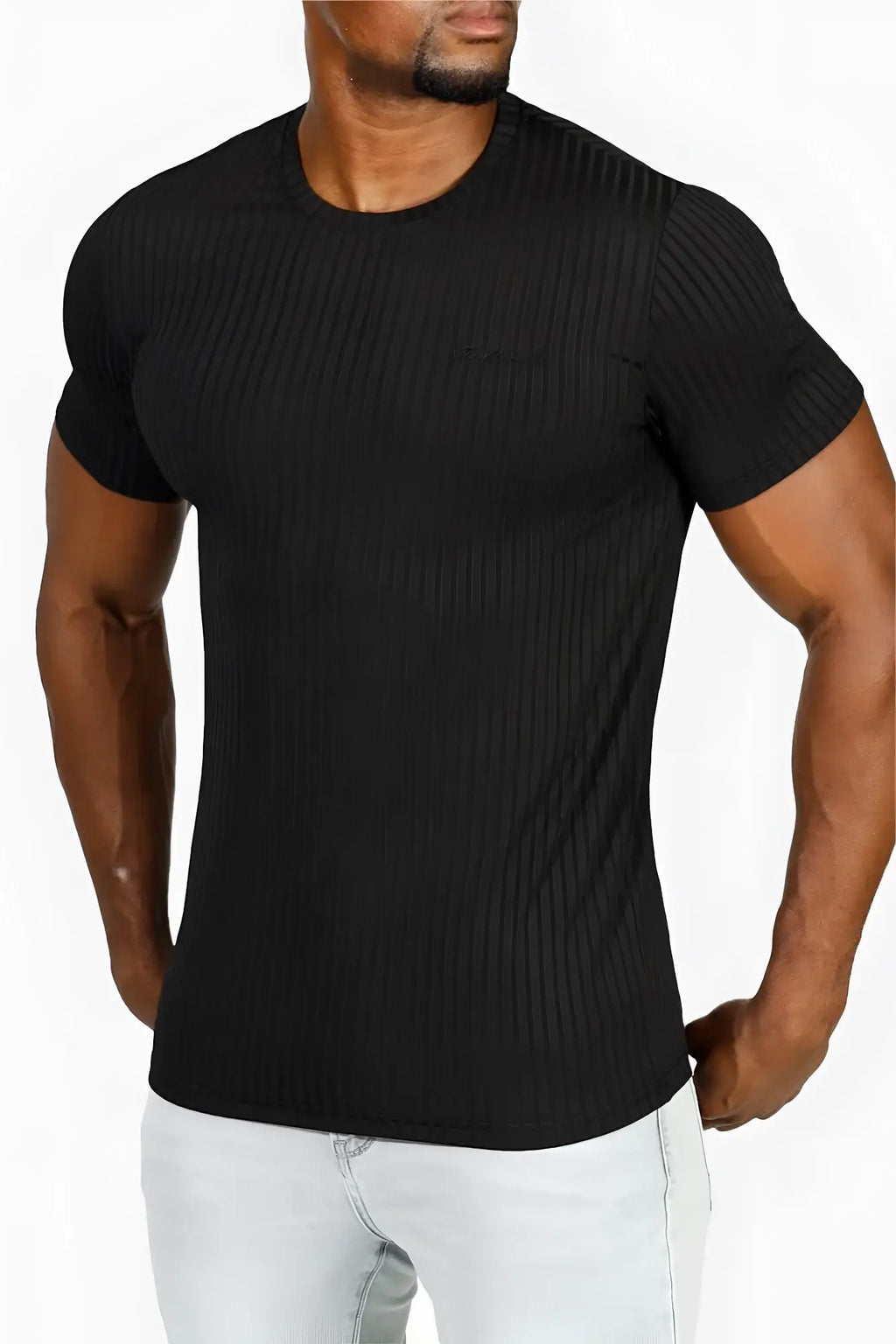 Black ribbed short sleeve crew neck muscle fit t shirt by Jed North in jet black for casual and athletic wear