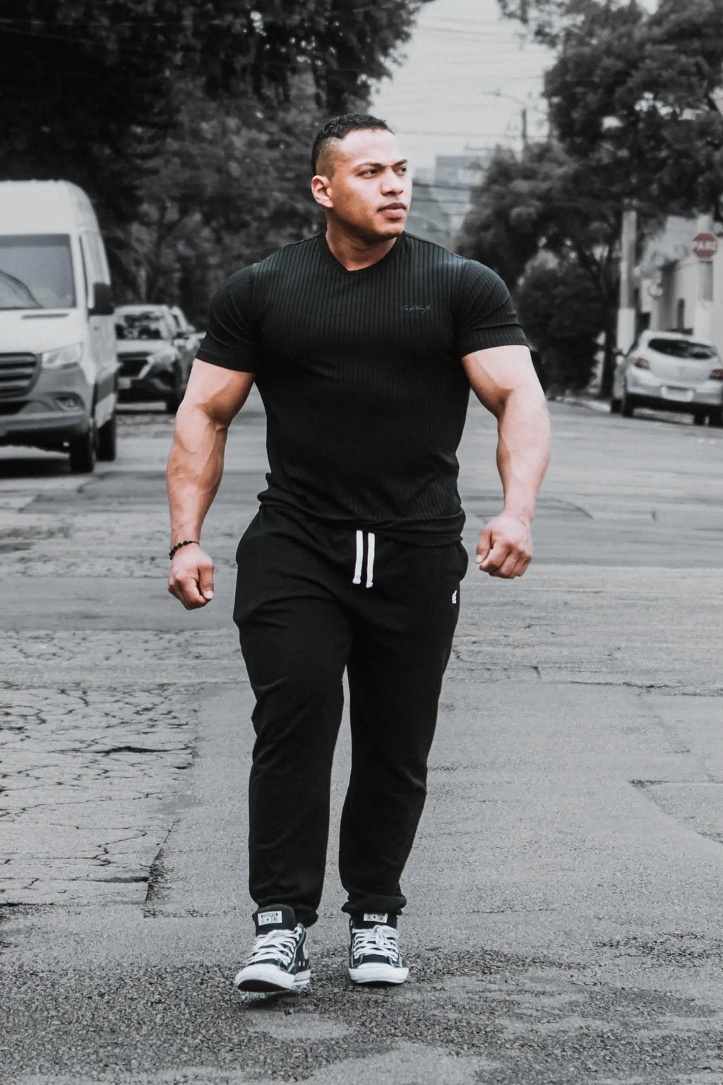 Jed North ribbed muscle-fit short sleeve t-shirt in jet black with small chest logo and textured fabric design