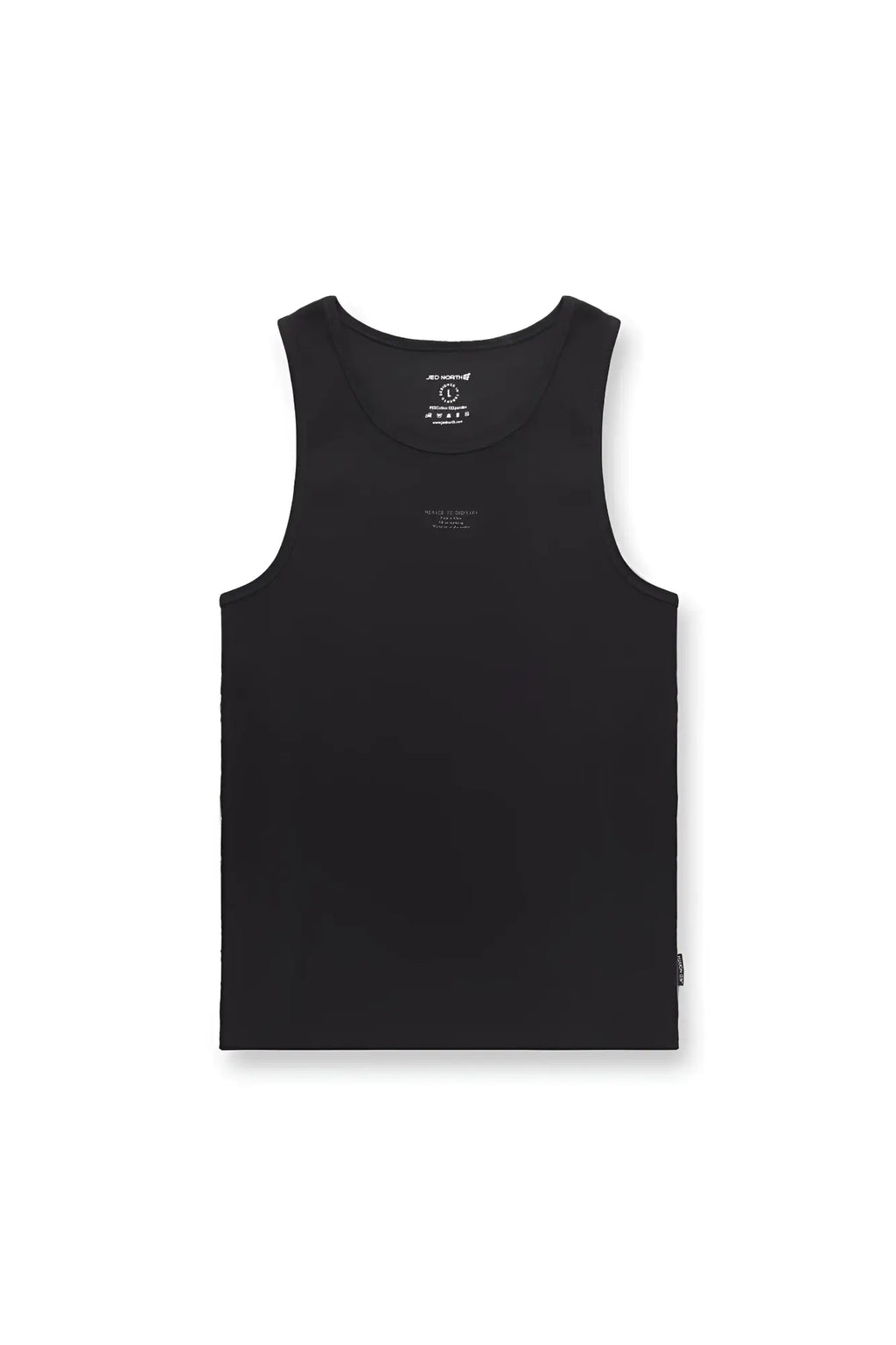 Black ribbed sleeveless muscle tank top with minimalist design and subtle branding details