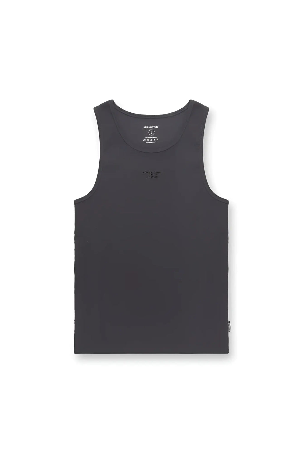 Dark gray ribbed muscle tank top with a subtle logo on the chest and tag at the neckline