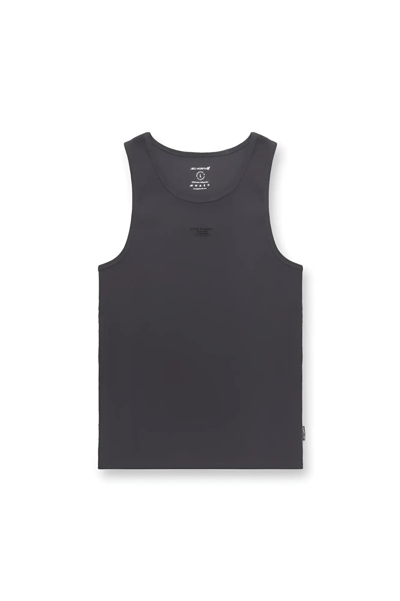 Dark gray ribbed muscle tank top with a subtle logo on the chest and tag at the neckline