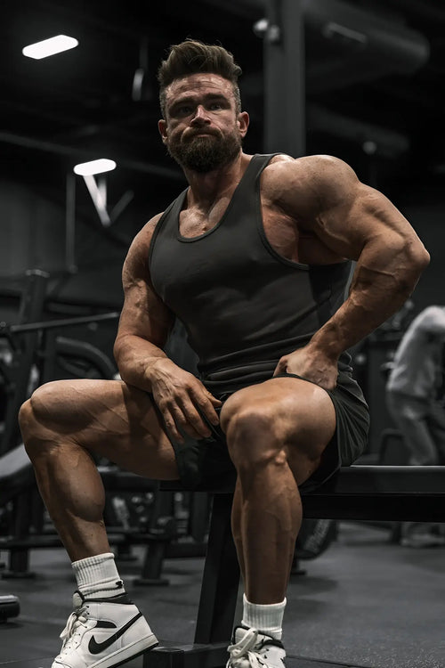 A muscular man wearing a dark gray ribbed muscle tank top and black shorts seated on a gym bench with white Nike sneakers