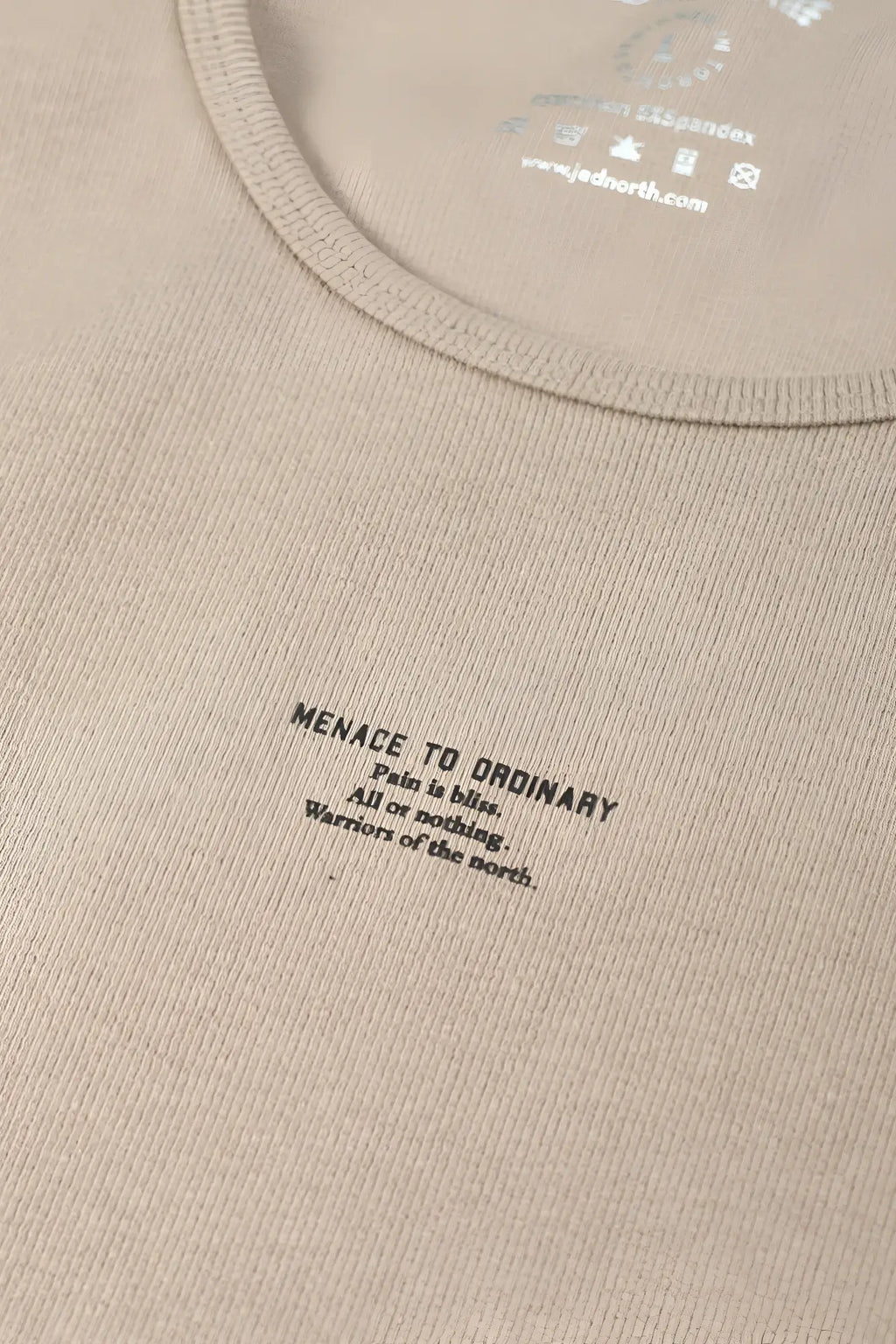 Beige ribbed cotton muscle tank top with black printed text menace to ordinary and a quote in khaki style