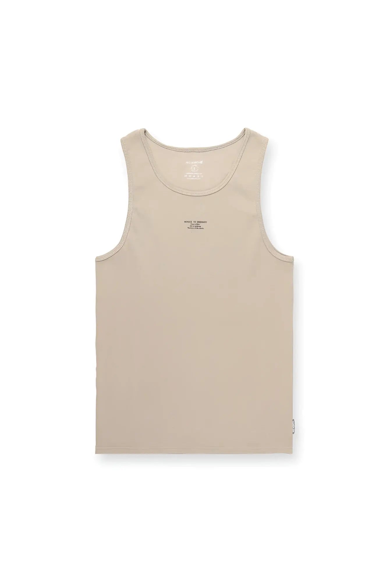 Beige ribbed muscle tank top with a minimalist sleeveless design and subtle chest text label in khaki color