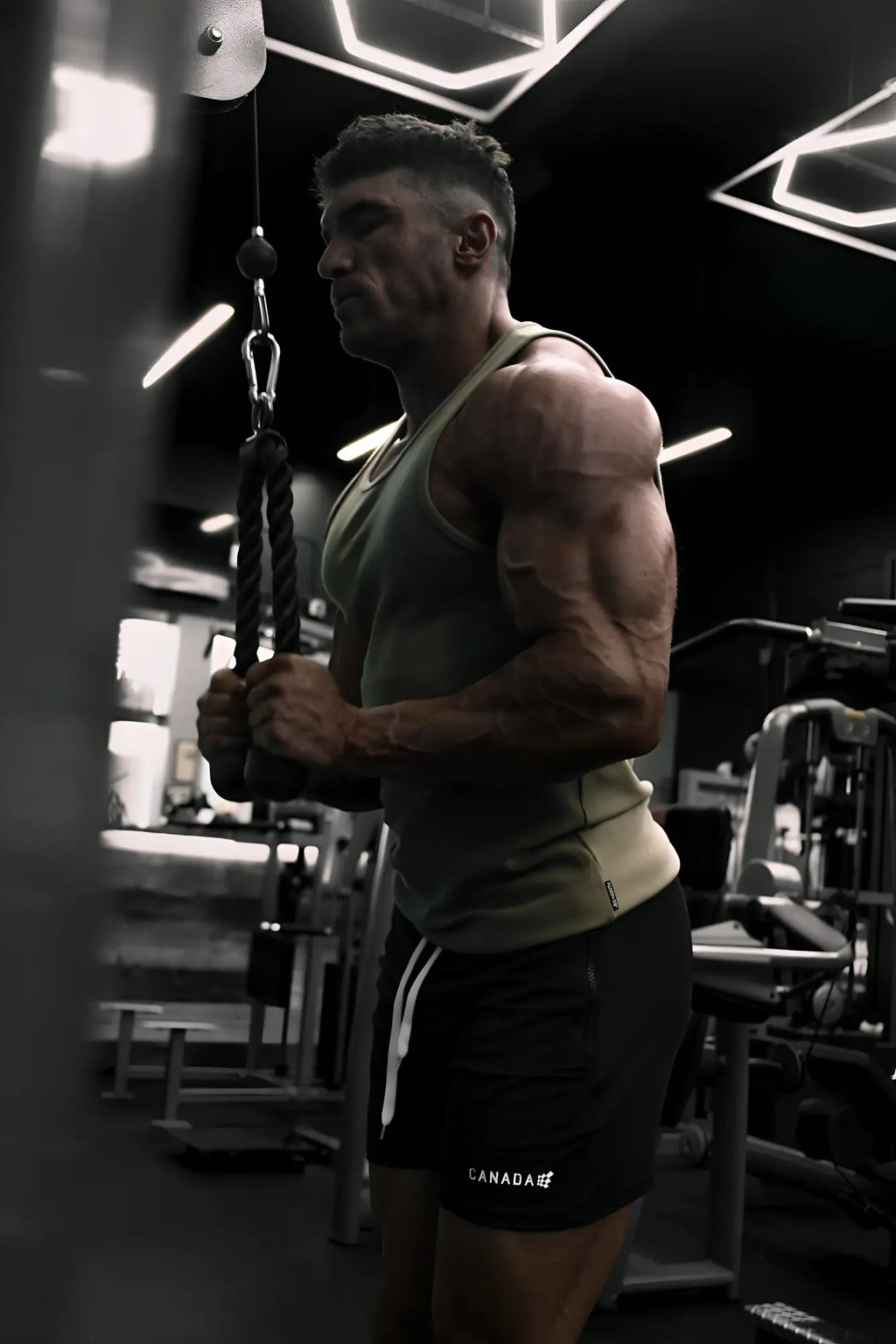 A muscular man wearing a khaki ribbed muscle tank top holding gym ropes during a workout session